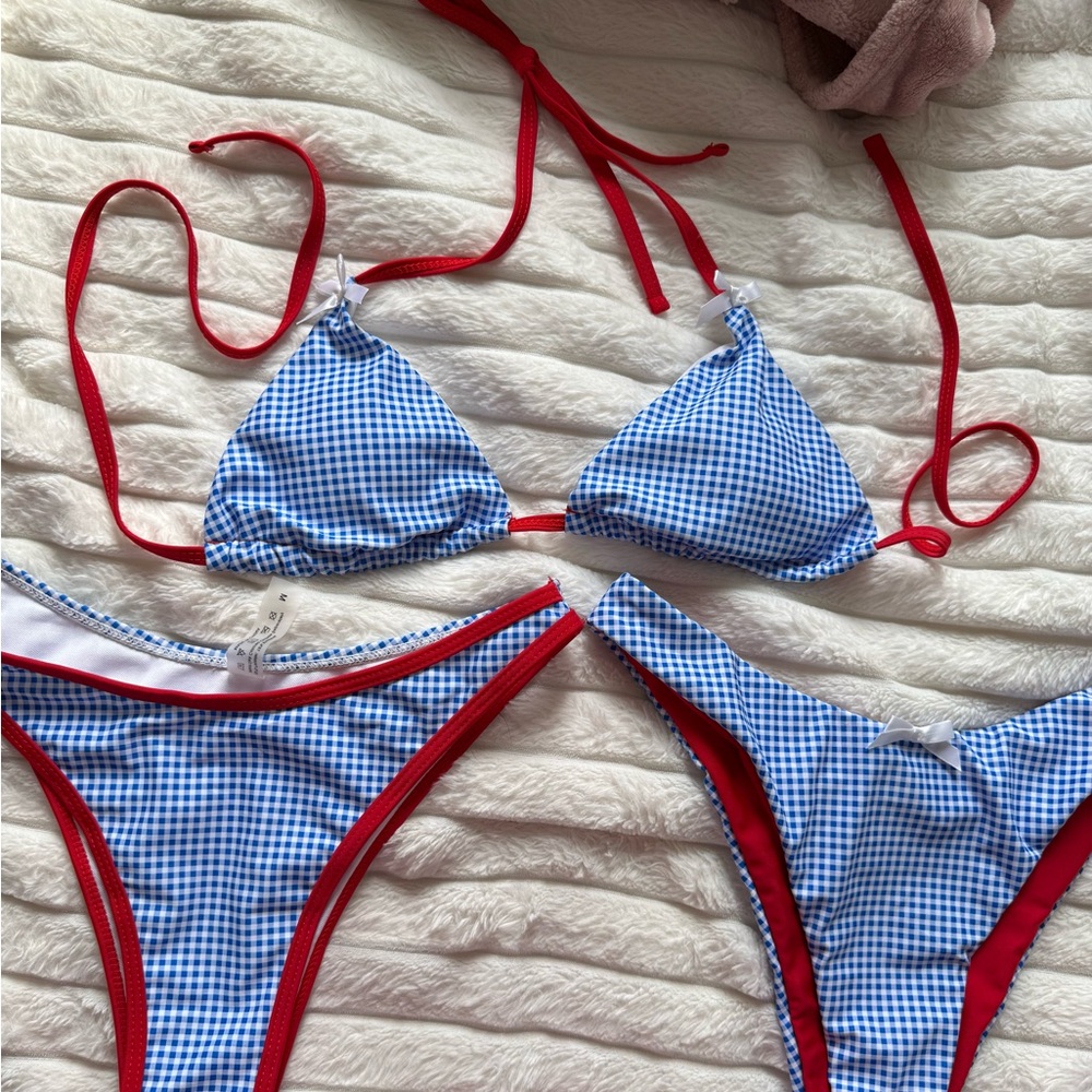 Blue & White Gingham Bikini with Red Trim
